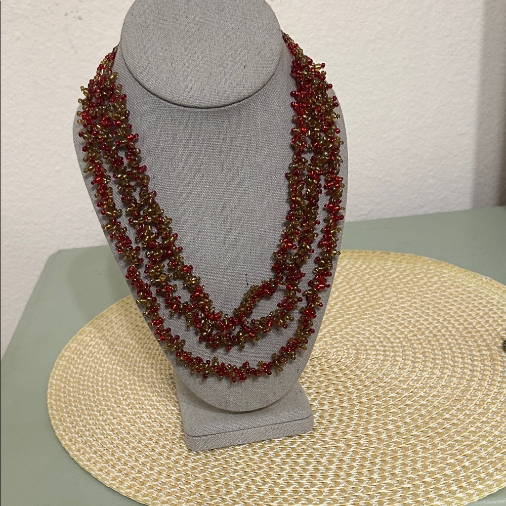 Handcrafted Red and Gold Beaded Multi-Strand Necklace - Women Jewelry